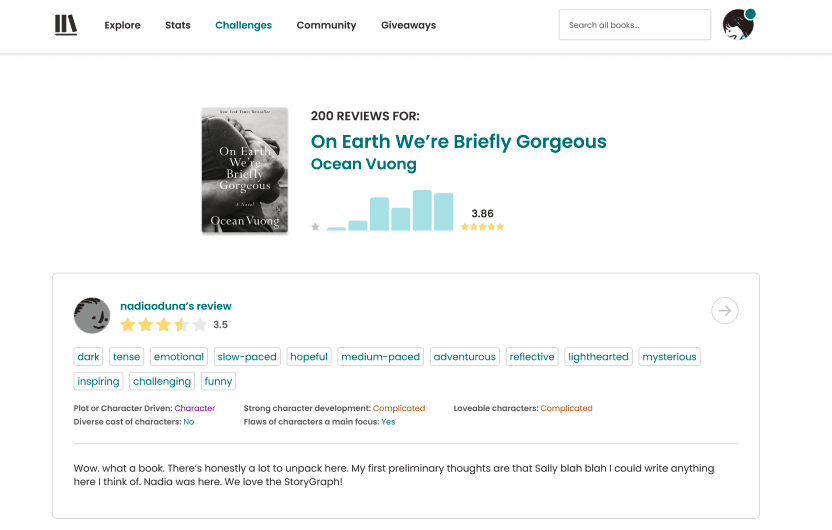The image is a screenshot of a book review page from the StoryGraph platform, focusing on "On Earth We're Briefly Gorgeous" by Ocean Vuong. It features a user review section where the overall rating summary is presented with a blue bar chart depicting the distribution of star ratings across 200 reviews. The average rating is displayed prominently at 3.86 stars. Below the chart, there's a detailed review by the user "nadioduno" rated at 3.5 stars, accompanied by tags describing the book's themes such as dark, tense, emotional, and funny. The review includes insights into the book's character-driven plot, strong development, and the complexity of its characters. This format aids in providing a quick, visual snapshot of how the book is perceived by the community, enhancing user engagement by highlighting personal feedback and aggregated rating data.