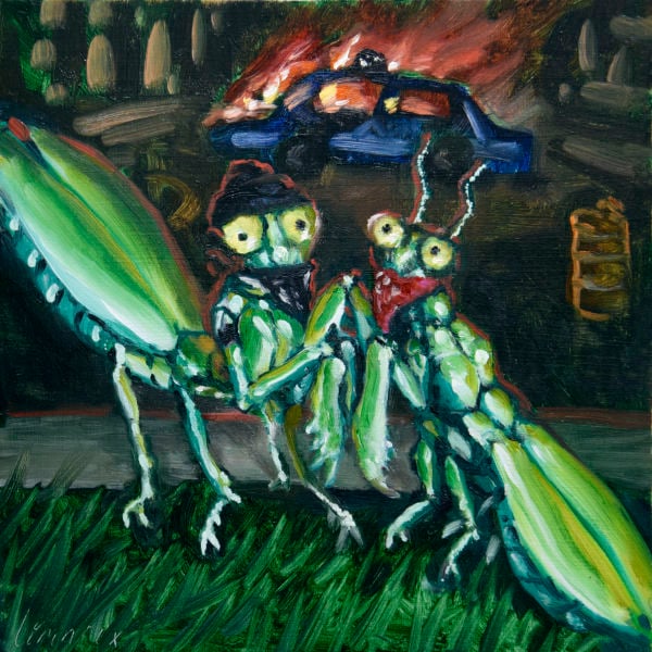 Loosely painted, two green, scientifically inaccurate praying mantises with bandanas on their faces, lit as if by flash at night, entangle forelimbs on a lawn in front of a burning cop car.