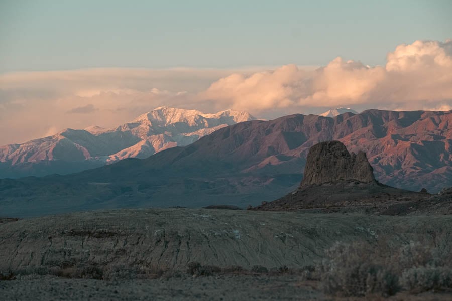 The High Sierra from the Trona Pinnacles at dusk