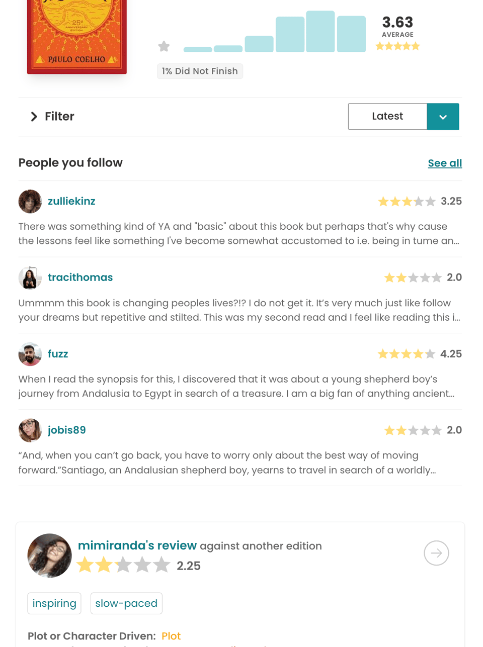 The StoryGraph reviews page for The Alchemist by Paulo Coelho, showing reviews and ratings from several people the user follows above another individual review.