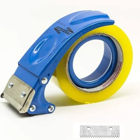 a bright blue handle-less packing tape dispenser loaded with a roll of yellow tape. At the bottom is an image of toothed replacement blade.