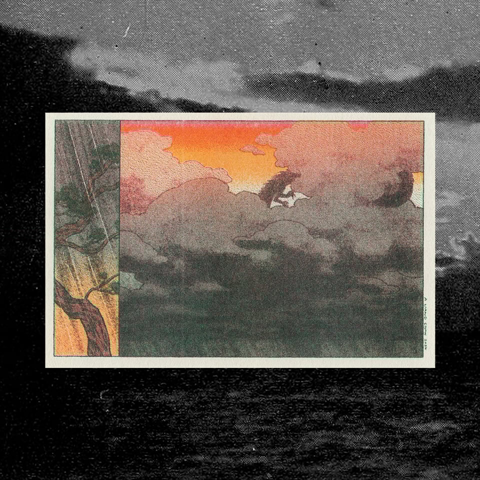 a riso print: the coils of a dragon are just visible in towering rain clouds, a red-orange sky behind. a gnarled pine stands in the rain in a side panel.