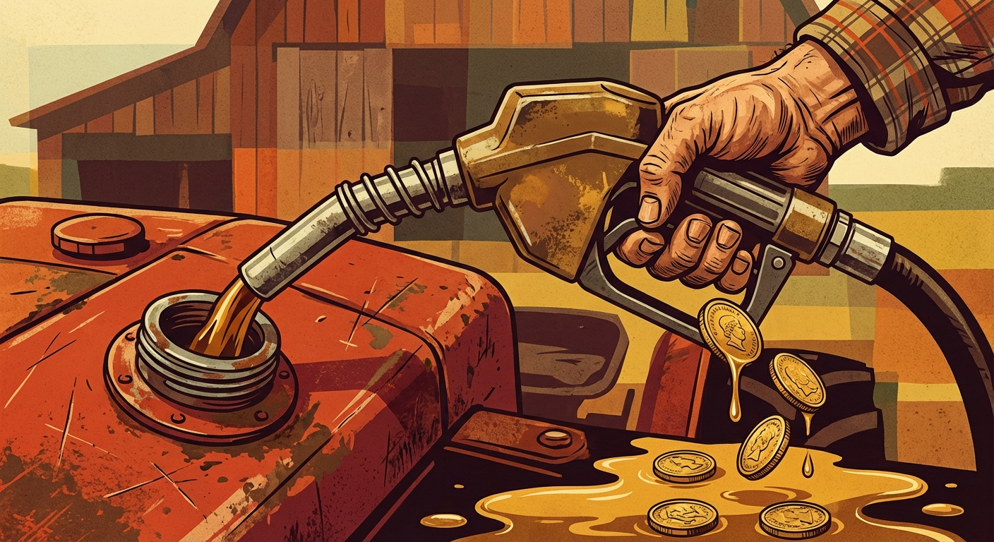 Farmer's hand fueling a tractor with gold coins dripping alongside the diesel