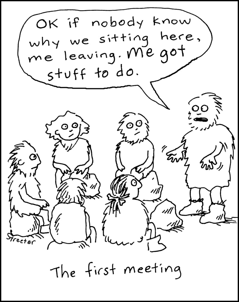 Brainwaves cartoon depicting cave people holding the first meeting