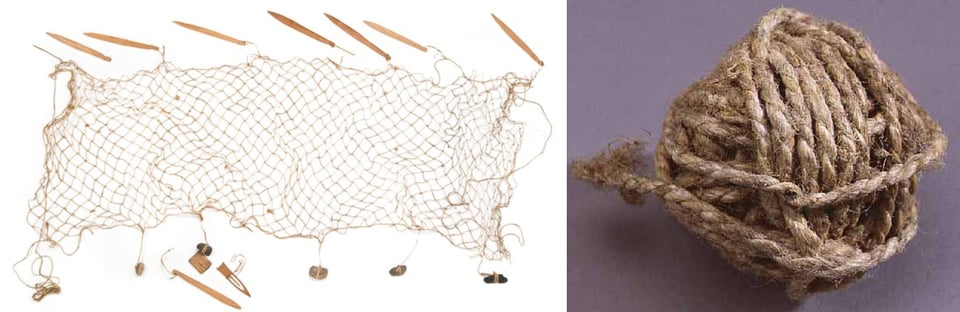 Left: Anishinaabe people have been utilizing the materials in their environment for thousands of years, one of which is the stinging nettle plant and its fibers. When split open, the stinging nettle has strong, string-like fibers that are great for making fish nets. In fact, these nets were so durable we still have intact Ojibwe nets from generations ago. Right: Nettle twine cords are made through a process of boiling, drying, and the separation of fibers, followed by the dampening and rolling of fibers. Balls of coarse nettle fiber are used to make fish nets, bags and rope. Maude Kegg collected the fiber in the fall in the Mille Lacs, Minn., area circa 1950-1980. / Minnesota Historical Society; “The Ojibwe People’s Dictionary”
