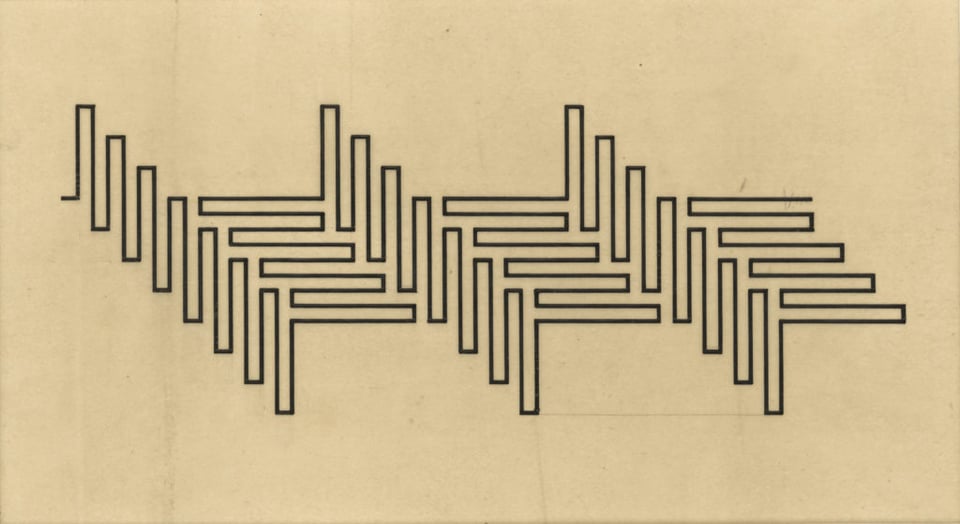 An image of an artwork drawn entirely with a single thin black line on piece of aged yellow parchment. The line moves in a jagged up-and-down fashion, charting a diagonal path across the page. The overall aesthetic effect is something like a 1920s art deco ornamentation.