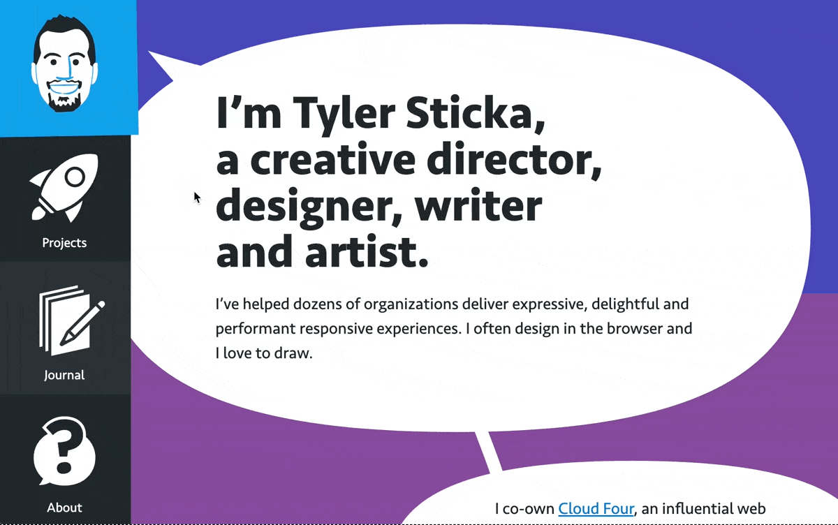 Tyler Sticka’s homepage with four illustrations in a sidebar navigation on the left