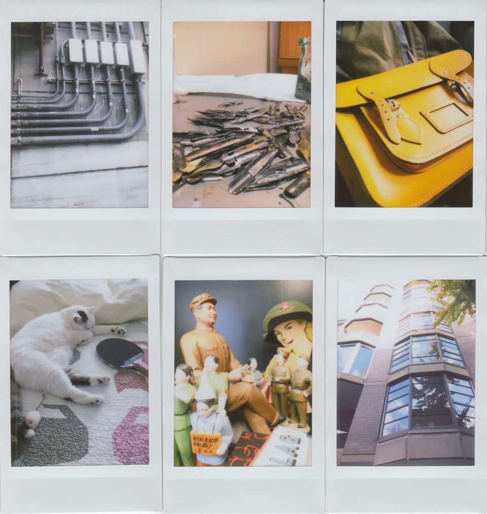 collection of 6 Instax photos: pipes that look like a Frank Stella painting, a pile of pen-nibs, a rich yellow leather satchel, a white cat lying beside a ping-pong paddle, a collection of Mao toys/memorability; the exterior of an apartment building that is constructed like cylinders or the Giant's Causeway
