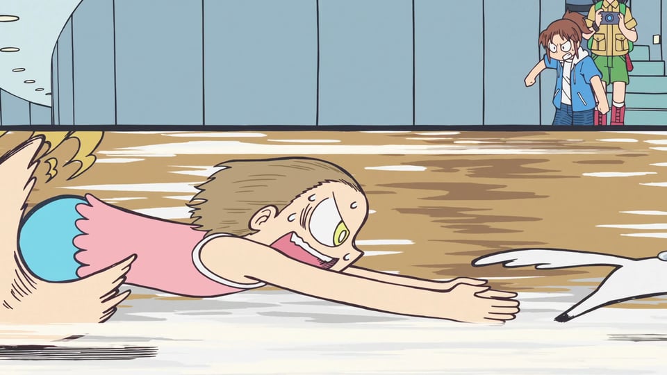 A splitscreen frame: the top segment an image of an angry Nagumo descending the spiral steps of the tower, the bottom is her roommate Niikura, chasing a dog.