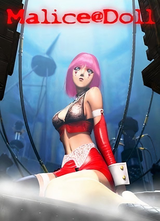 The cover of Malice@Doll, featuring a pink-haired android in a revealing red outfit. She's seated on the ground surrounded by machines with cables linking her to the machinery