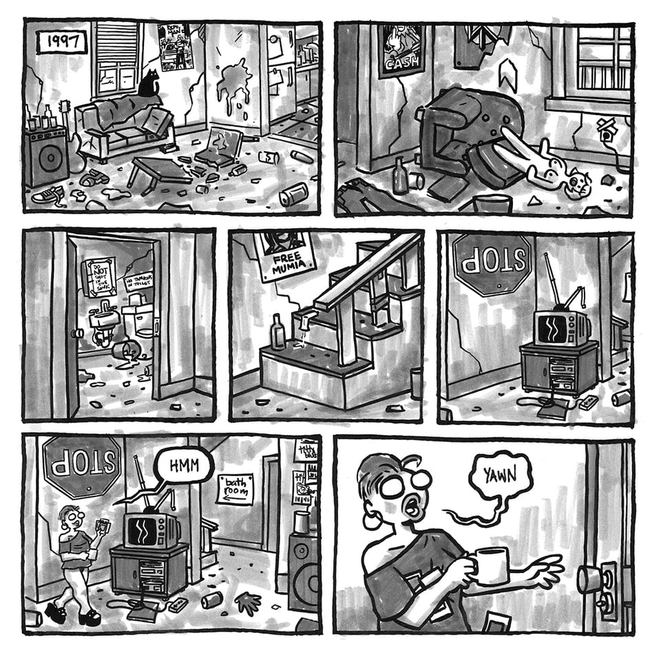 Page 1 of No Raccoons in Hell. Val walks through the punk house the morning after a wild party.