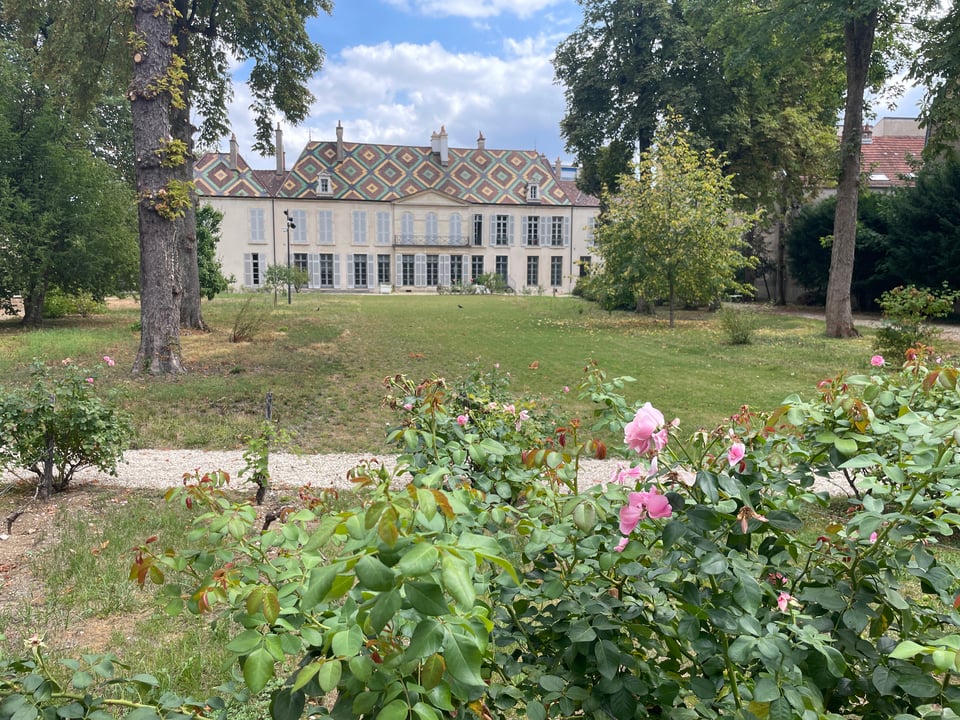 City building in front of a large lawn garden with pink roses in front. The building has an intricate pattern on its “normal” roof.  City building in front of a large lawn garden with pink roses in front. The building has an intricate pattern on its “normal” roof.