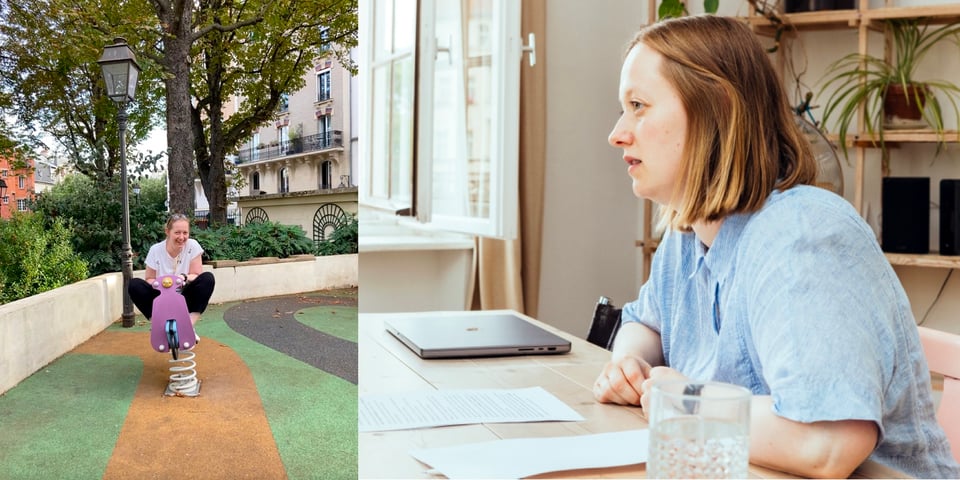 The left image shows Doro sitting on a toy on a children's playground, laughing. The right images shows Doro sitting behind a desk, working. On the desk are papers, her laptop and a glass of water.