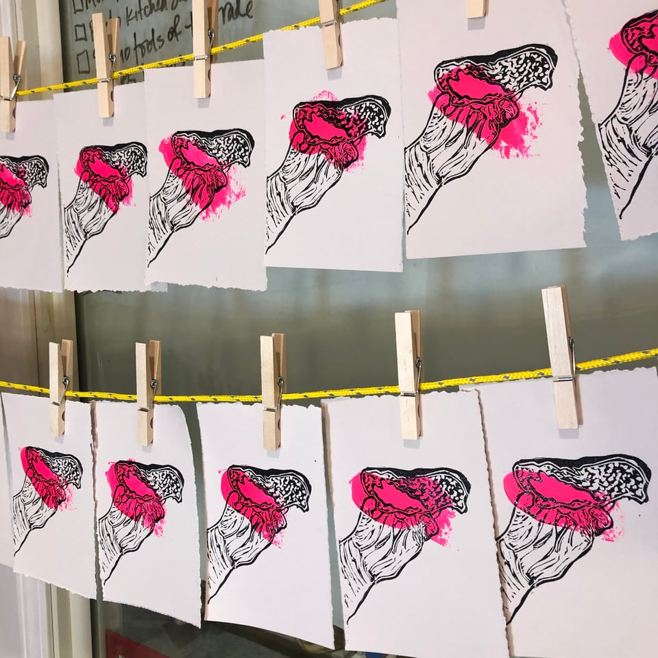 a line of prints drying