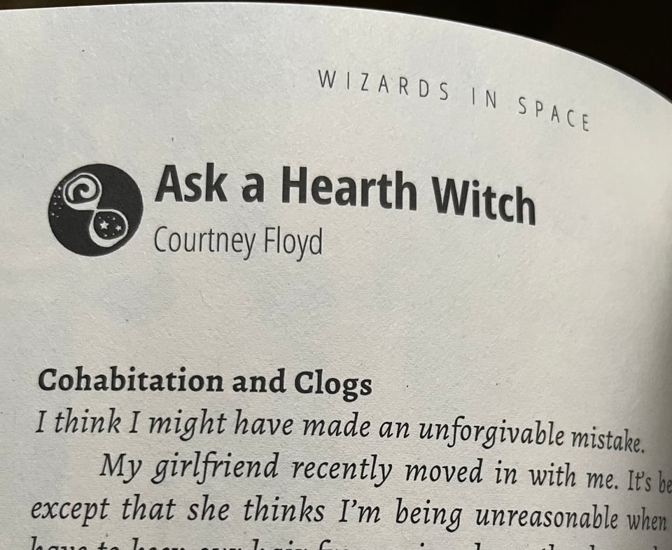 The first page of Ask a Hearth Witch with the first lines: Cohabitation and Clogs; I think I might have made an unforgivable mistake.