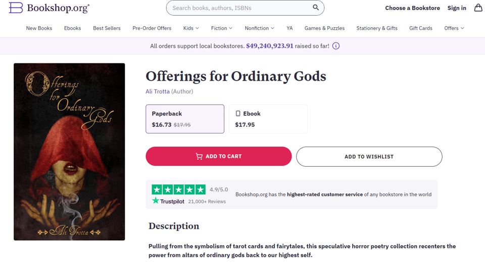 Shop page for Offerings for Ordinary Gods by Ali Trotta from bookshop.org