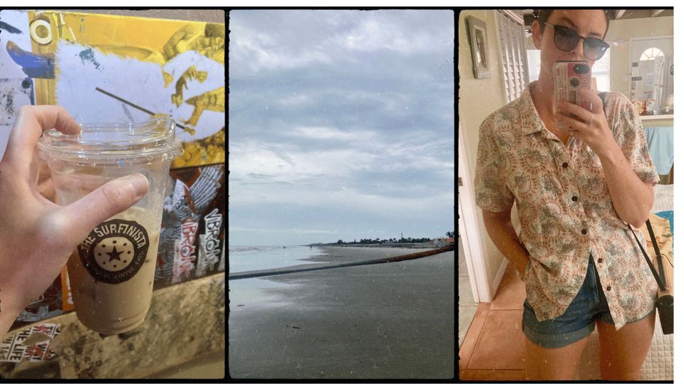 three photos. L-R: a hand holding an iced coffee with a "Surfinista" logo in front of a wall of skateboards; a beach with a large sand dredging pipe visible; mirror selfie of D. wearing an aloha shirt and denim shorts.