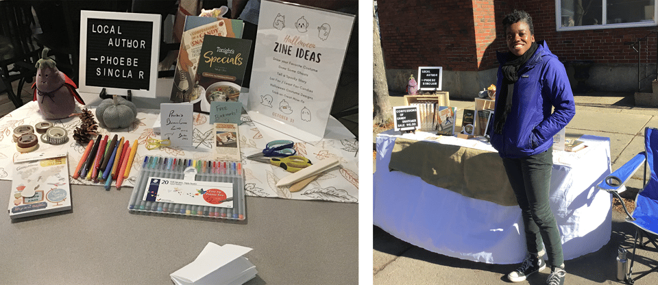 two photos - on left, a table set up with zine making materials, on the right, a woman stands beside a display table at an outdoor community event