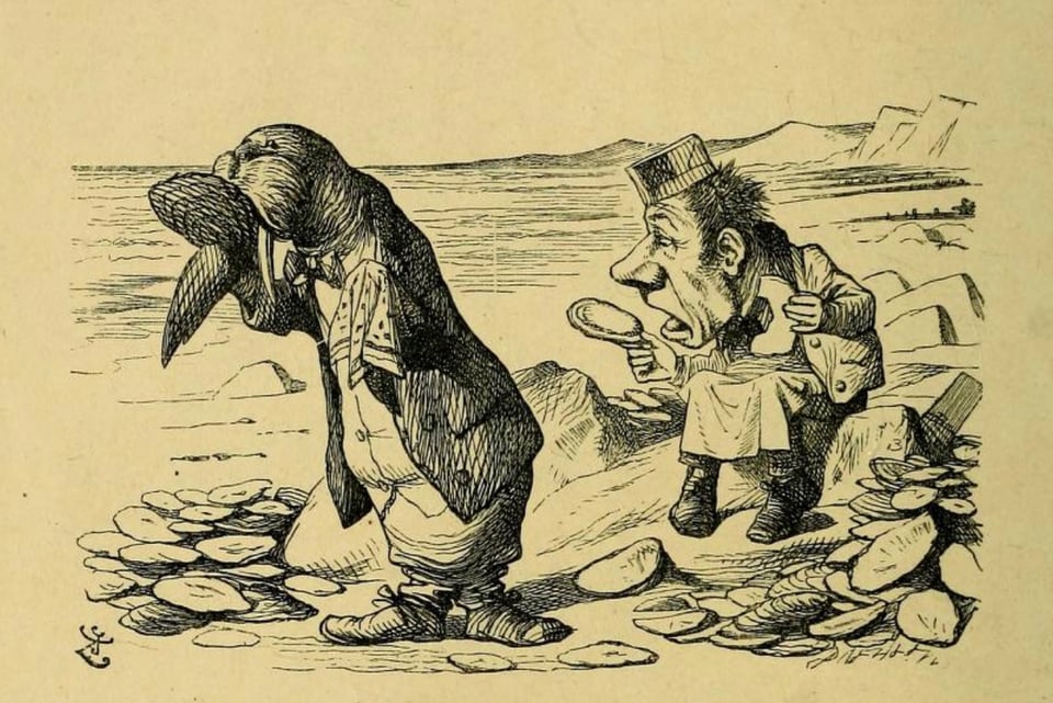 Tenniel's drawing of the Walrus and the Carpenter on the briny shore, surrounded by empty oyster shells "because, you see, they'd eaten every one". From Lewis Carroll's Through the Looking Glass.