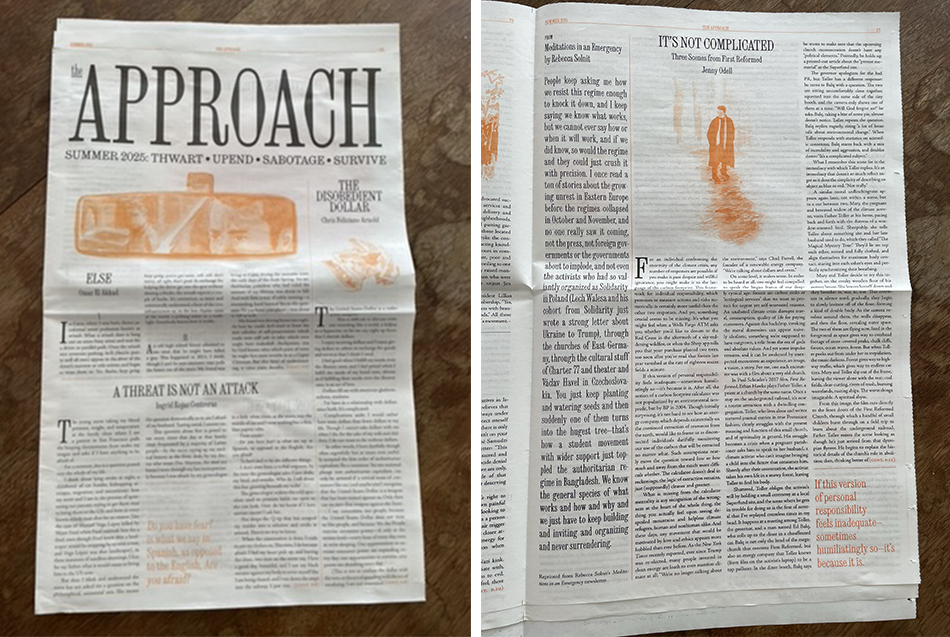 two images of a newspaper, one of the front, which says "approach" in large letters, and one from the middle, with an article by me called "It's Not Complicated"