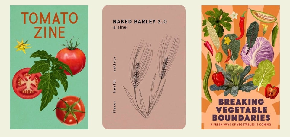 Cover artwork of three new zines from Culinary Breeding Network
