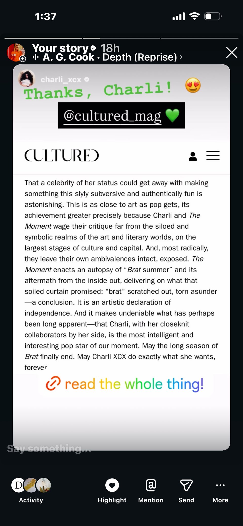 Instagram story of screengrab from Jarrett Earnest's review of 'The Moment.' (Director Aidan Zamiri's post is re-storied by Charli XCX, then thanked by Johanna Fateman via her own account, adding link to the full text in Cultured Magazine in rainbow letters.)