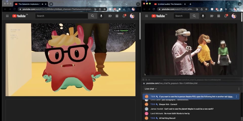 A screenshot of a monitor with adorable aliens and the silly actors playing them.