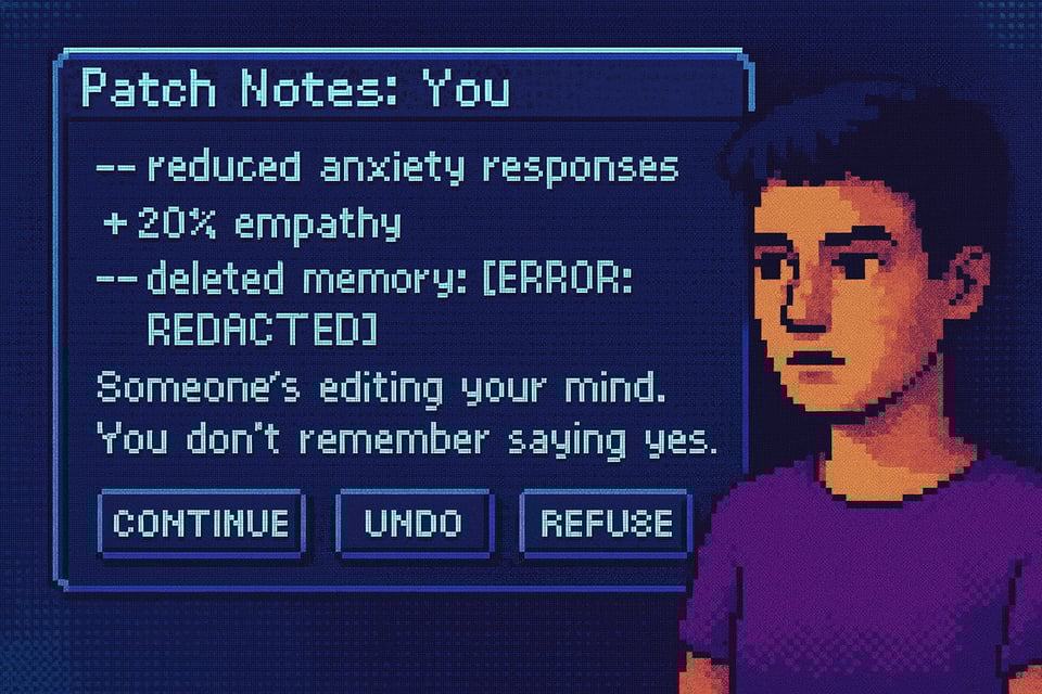 Graphic showing a person with patch notes beside them in pixel art style