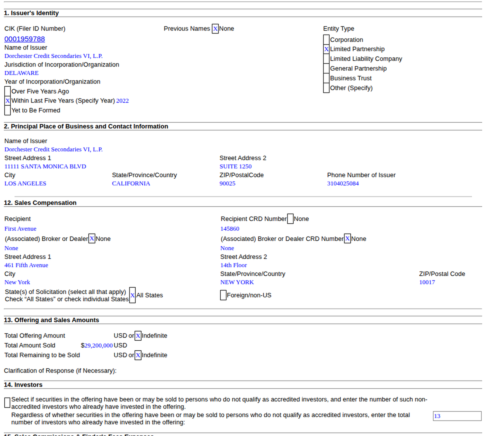 Form D of Dorchester Credit Secondaries VI, 24 September 2026: Los Angeles, First Avenue as placement agent, $29.2 million raised from 13 investors