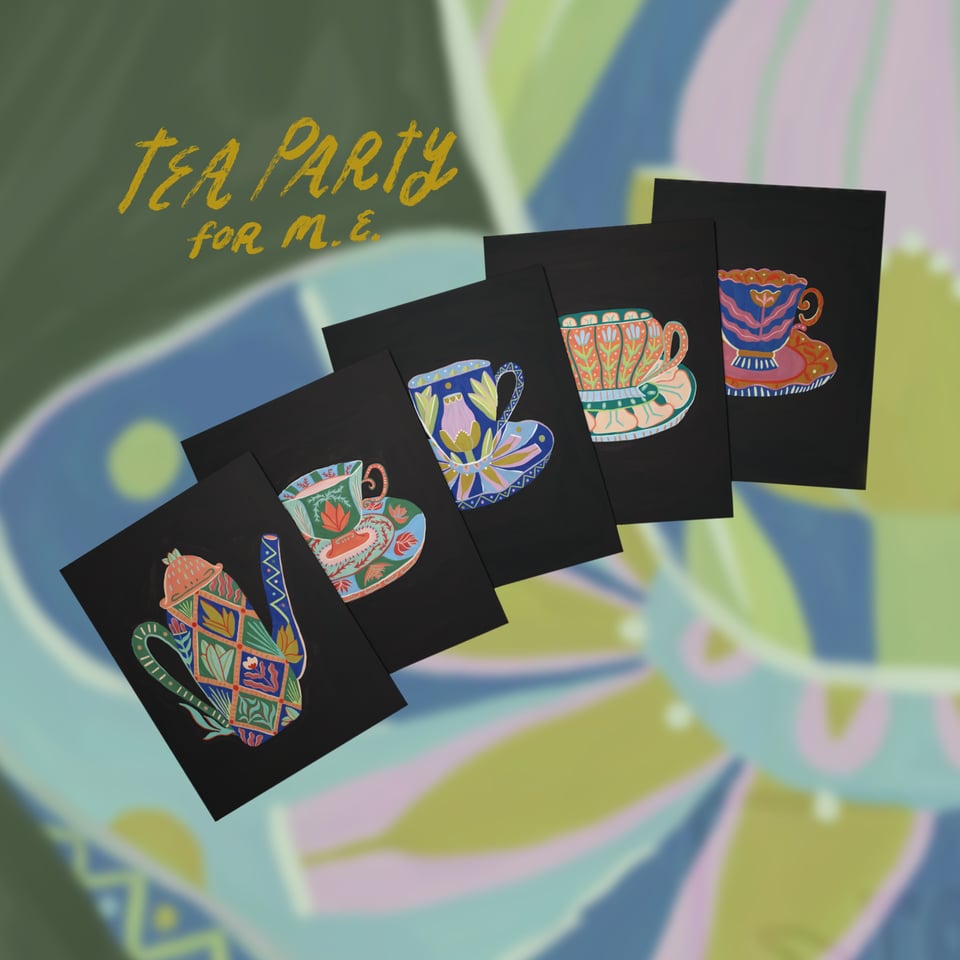 Tea Party 2025 greeting cards splayed across a blurred background