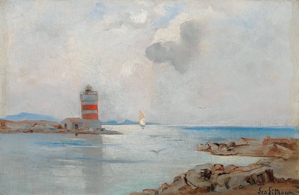 Painting of a lighthouse coloured in red and white near the sea.