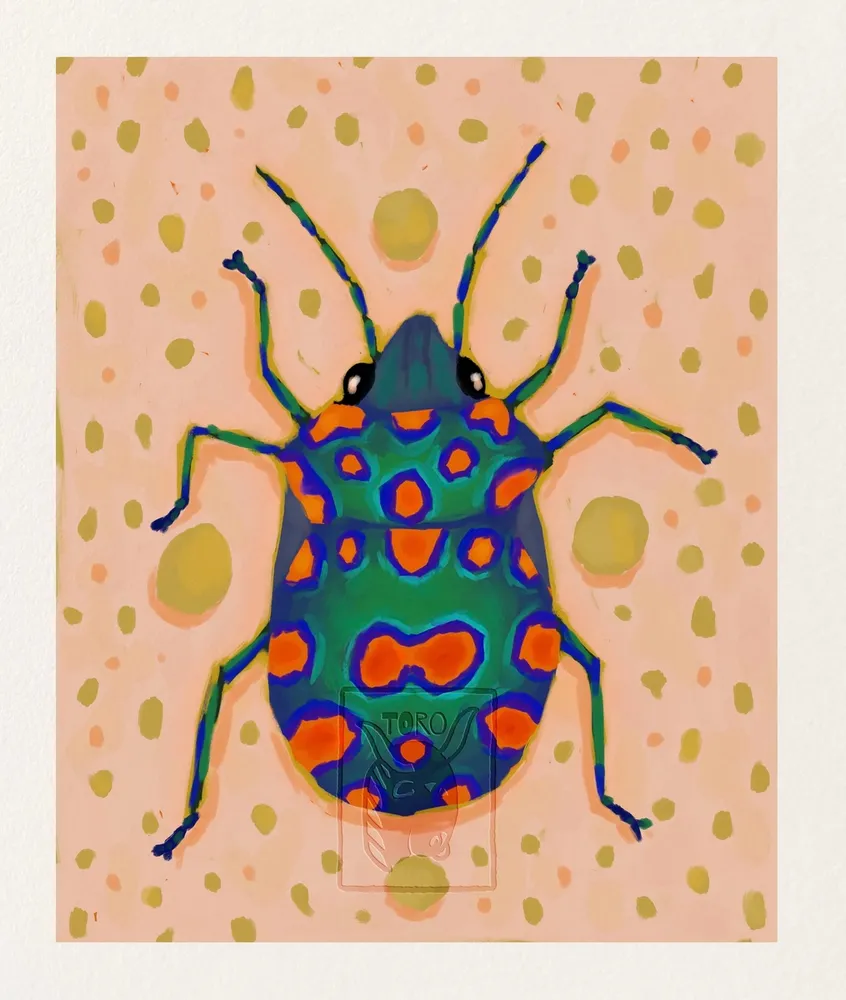 Illustration of a blue and green jewel bug with orange spots, on a light peach background with gold dots