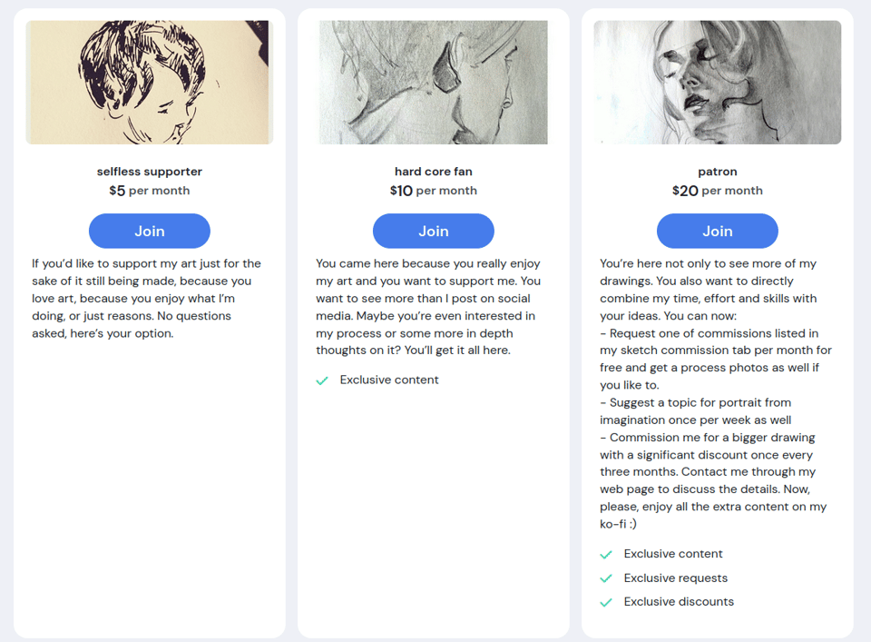 widok strony opisującej trzy wysokości miesięcznego wsparcia do wyboru, z ilustracjami i opisami