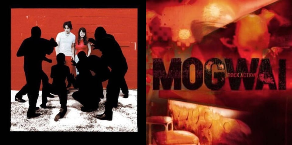 First pic: A color photo of The White Stripes: Jack, white man with black hair wearing a white t-shirt and red pants and Meg, a white woman with long black hair wearing a red shirt and white pants. They are standing against a red wall and are being menaced by six figures wearing all black and black hoods, turning them into silhouettes, like what stage puppeteers wear. The ground looks like it has white paint spilled over it. Jack looks a little unnerved, but Meg is inscrutable, which is normal for her. Second pic: Several photographs superimposed on one another, red tinted. It's difficult to make out what's here. I see a bald man with one arm up like he's scratching the back of his neck. I see what looks like a chair next to a wall that has a series of vinyl record-like circles on it. I don't know if any of this is really there.
