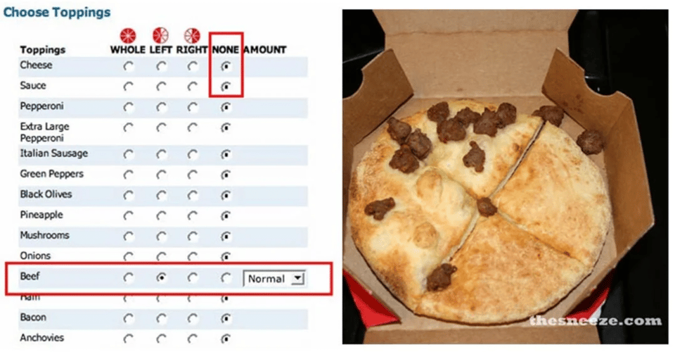 None pizza, left beef.