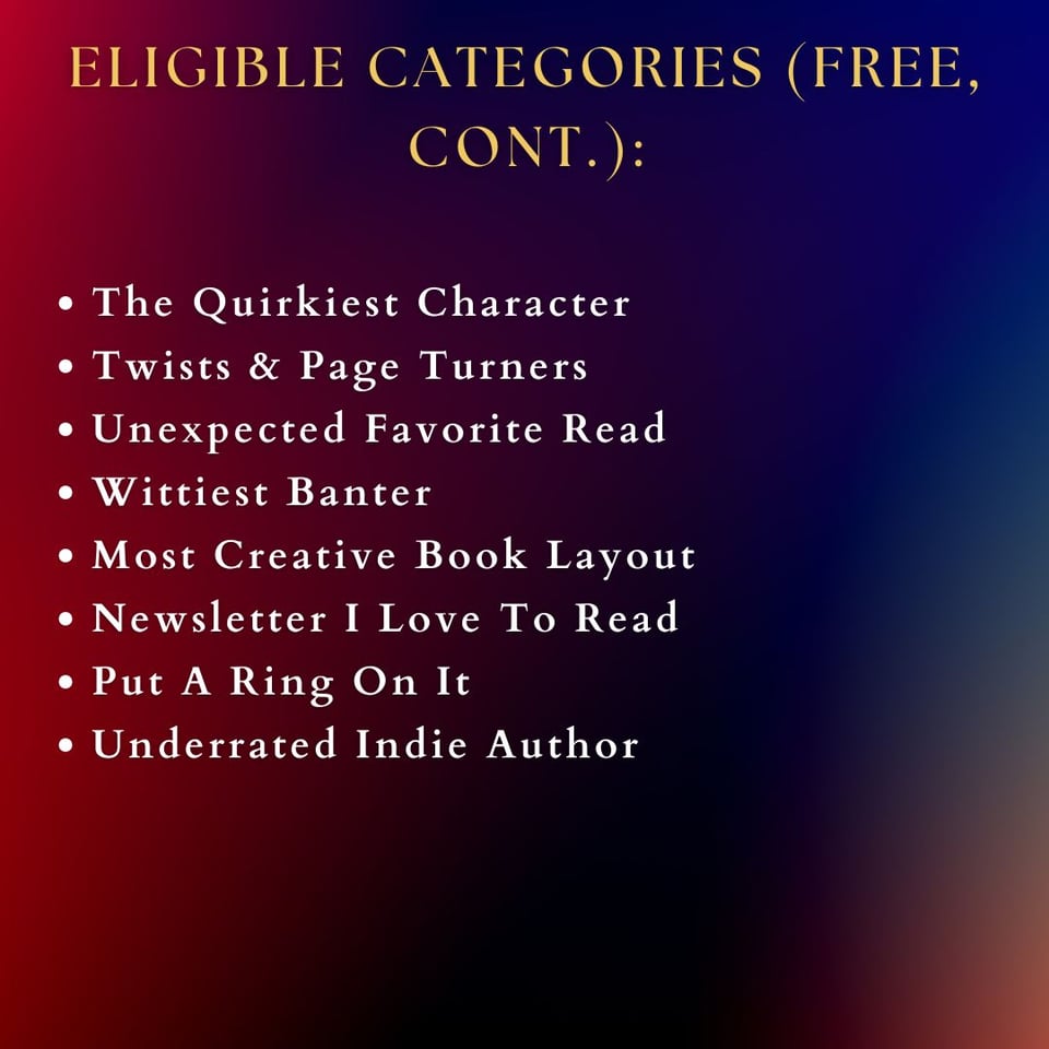 Image reads: eligible categories (FREE, cont.): The Quirkiest Character Twists & Page Turners Unexpected Favorite Read Wittiest Banter Most Creative Book Layout Newsletter I Love To Read Put A Ring On It Underrated Indie Author