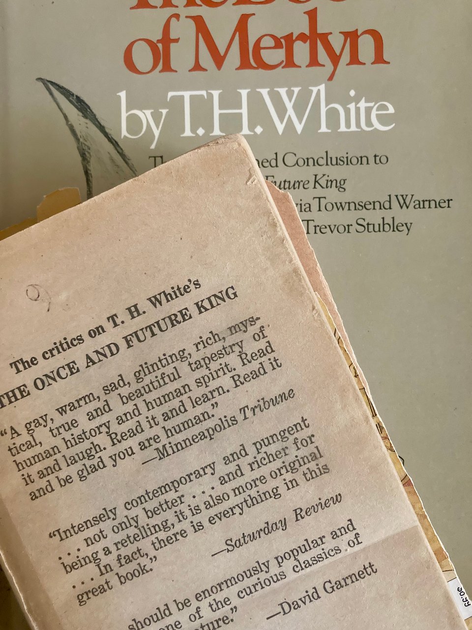 a worn-out paperback copy of The Once and Future King missing its cover, sitting atop a slightly less shabby copy of The Book of Merlyn.