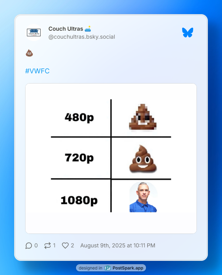 An image from Couch Ultras on Bluesky showing pixelated versions of the poop emoji at 480p and 720p, but a clear picture of Tim Ford at 1080p.