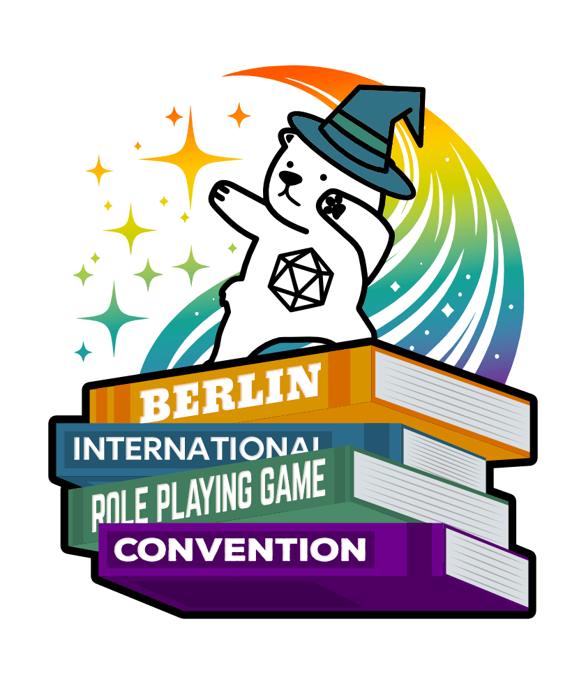 Cute bear doing a little dance on a pile of books. With a d20 on his chest.