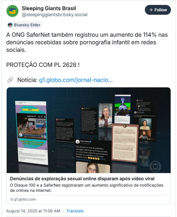 A imagem mostra post do Sleeping Giants Brasil (@sleepinggiantsbr.bsky.social) com o texto: A ONG SaferNet também registrou um aumento de 114% nas denúncias recebidas sobre pornografia infantil em redes sociais. PROTEÇÃO COM PL 2628 ! O post ainda traz link para notícia do Jornal Nacional sobre o assunto (link no fim desse texto).