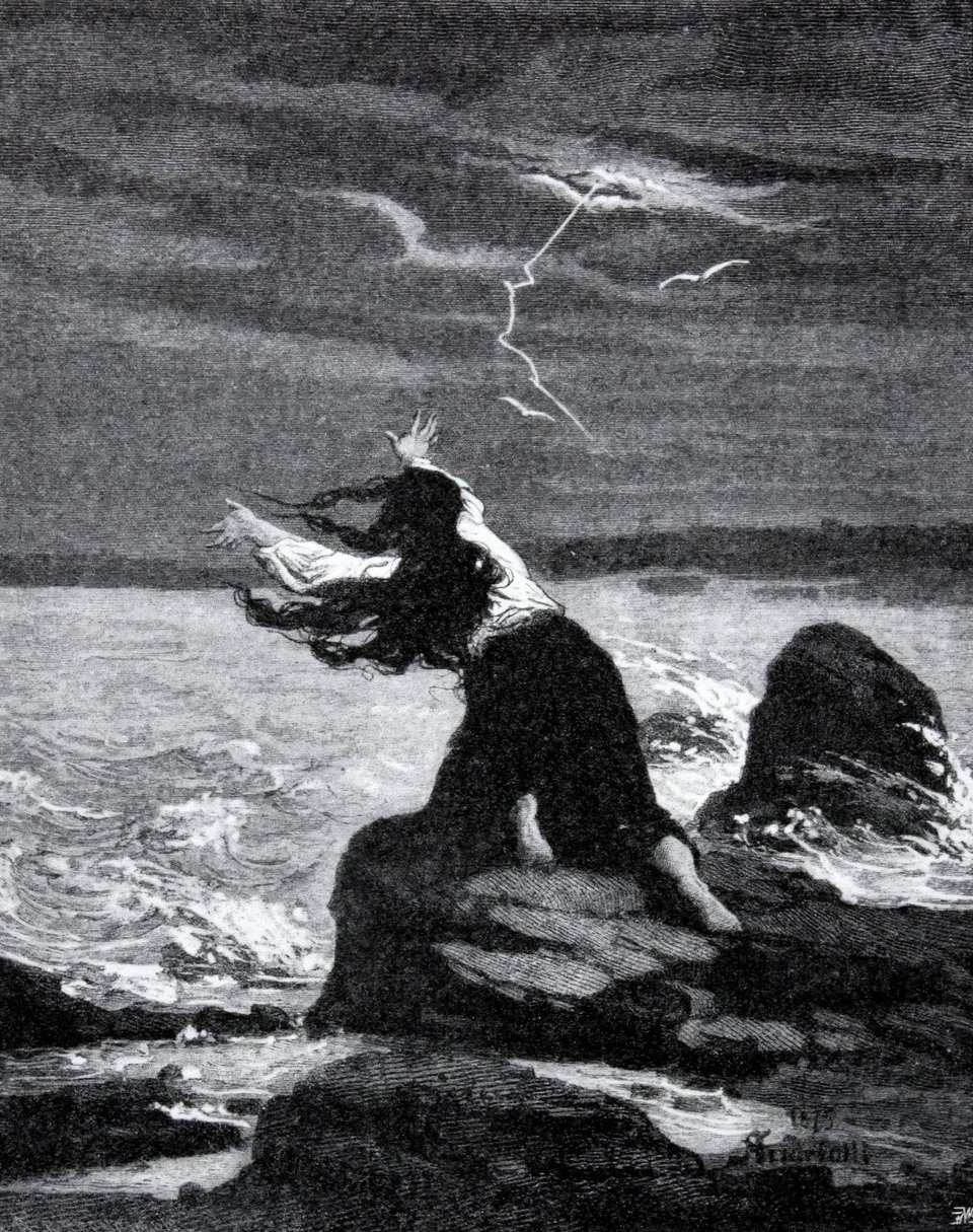 A fine etching of a woman, back turned to the viewer, gesturing wildly at a wild expanse of water as lightning strikes in the distance. Artwork by Michał Elwiro Andriolli, titled Mother.