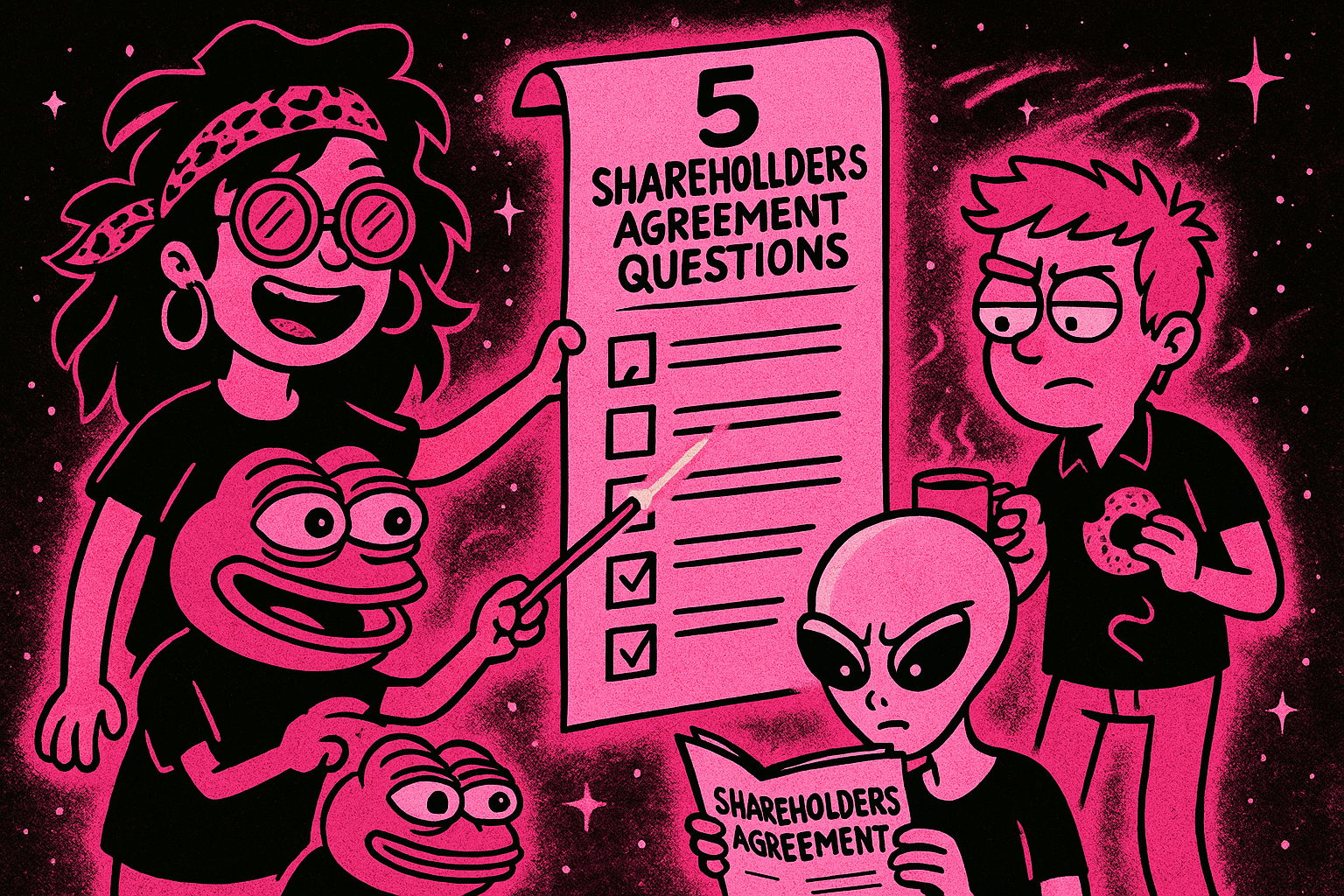 Janis, Pepe, and Kellen running the shareholders agreement clause checklist