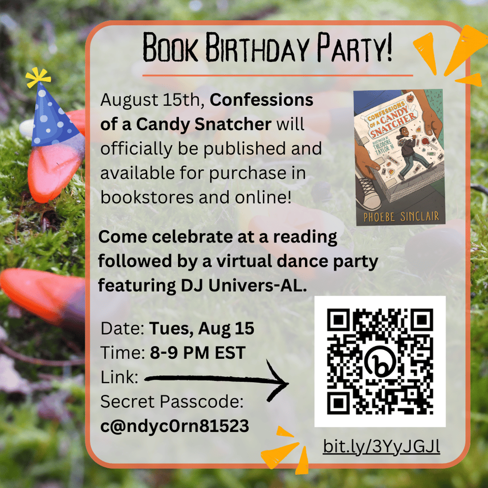 Party invite with text overlayed on top of candy corn scattered on top of moss, one piece of corn wearing a party hat, as well as QR code that links to a zoom room
