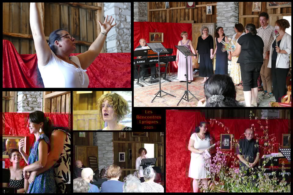 Montage de différentes photos de Christelle Vinsonneau, montrant la chanteuse et professeur de chant Sylvia Cazeneuve chantant les bras en l'air, puis sur une autre photo prenant une stagiaire dans ses bras pour l'aider à chanter ; d'autres photos montrent d'autres stagiaires en train de chanter ; d'autres photos montrent la fin du concert de clôture, où les stagiaires chanteureuses, la professeur de chant et le pianiste reçoivent des fleurs.