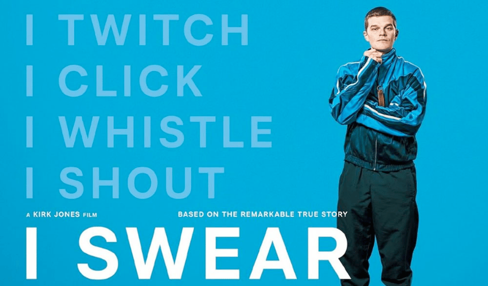 a man standing in front of a blue background with the words i swear