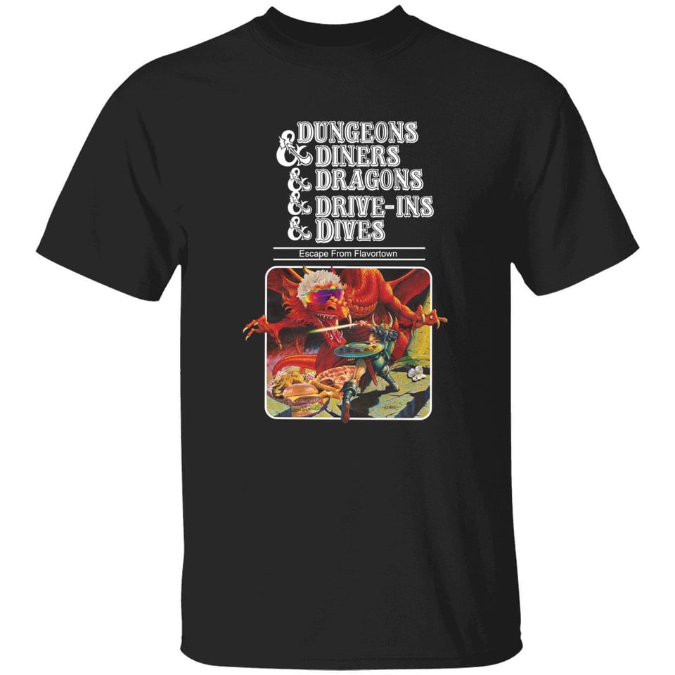 A black T-shirt with the title "Dungeons & Diners & Dragons & Drive-Ins & Dives," plus a classic D&D image of a red dragon with Guy Fieri's frosted-tips hair.