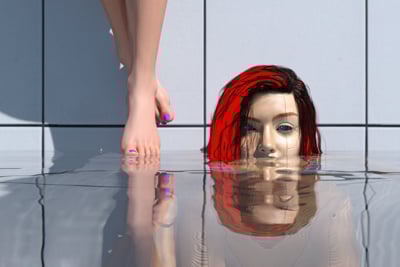 A portrait of a cyborg woman in a swimming pool, only above the water from her nose and up. She has wet glowing red hair, and has a slightly bemused expression. She is on the right side of the image, and looking to the left, where a pair of bare human legs are dipping into the pool from just above the top of the image.