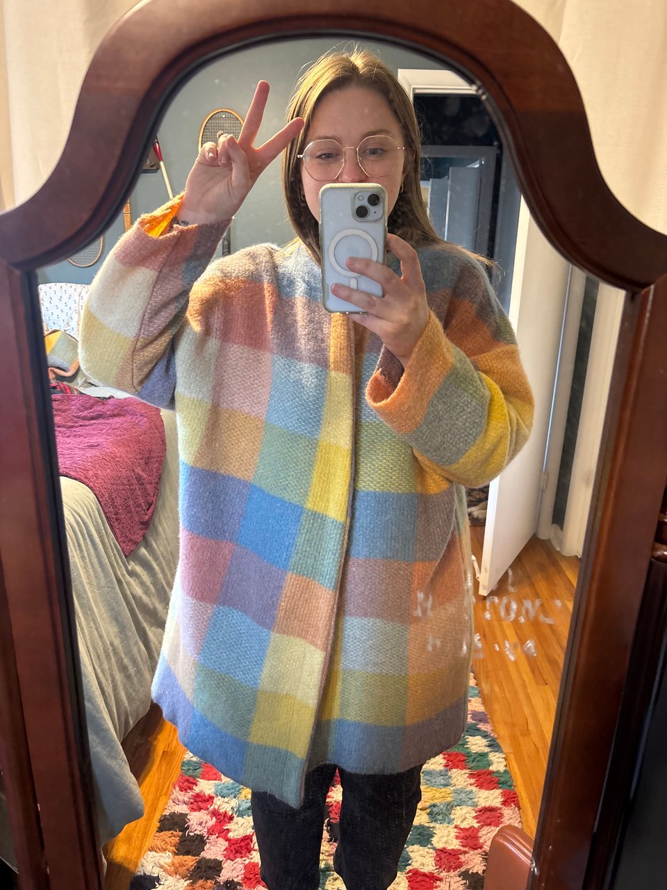 Becky in a beautiful pastel coat