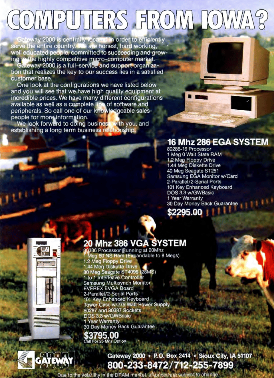 A full-page computer advertisement depicting a field with grazing cows and the headline "Computers from Iowa?" There is also a spec list and price for 286 and 386 computers.