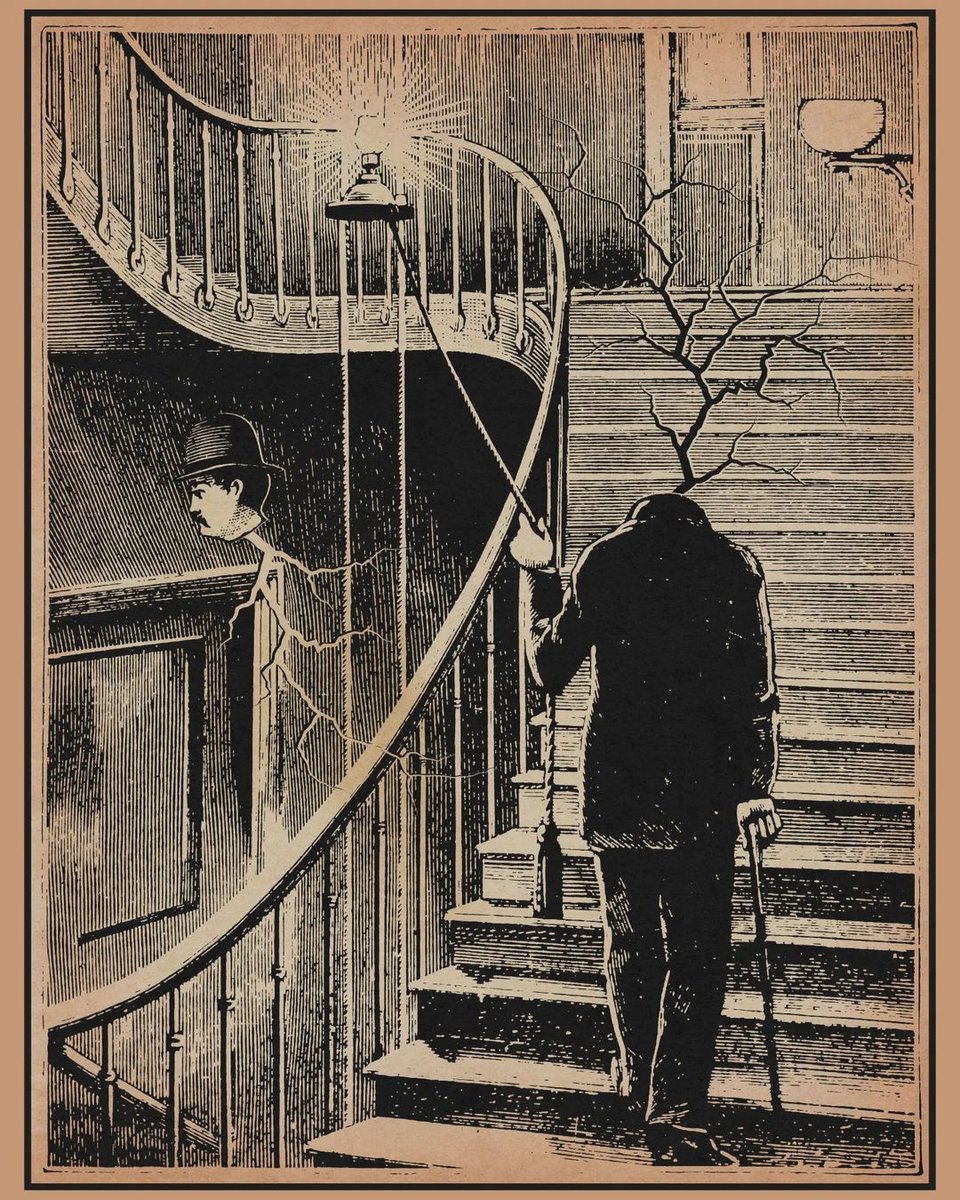A surreal engraving-style illustration showing a man ascending a staircase, holding a cane in one hand and a rope in the other. The rope is attached to a floating candle. His head flaots over the bannister with veins or electricity coming out of it, which also emerge, separately, from his neck.